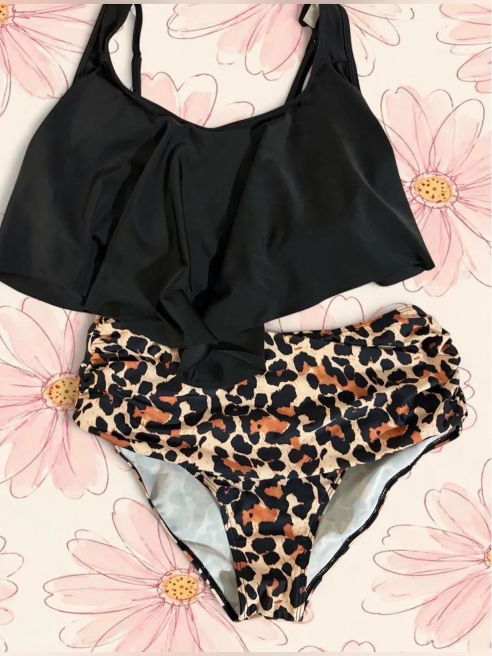 Amazon Women’s Black Flounce Bikini Top with Leopard High-Waist Bottoms